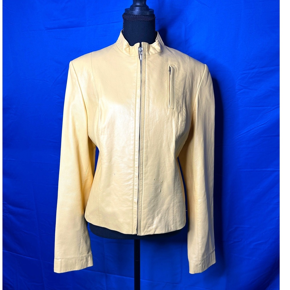Vintage Womens Butter Yellow Leather Moto Biker Jacket Sz S Pastel Vibrant Indie